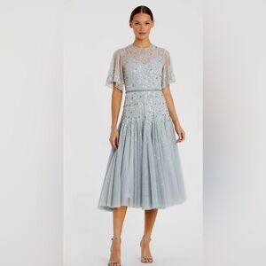 Mac Duggal Silver/Sly blue Sequin Midi Dress